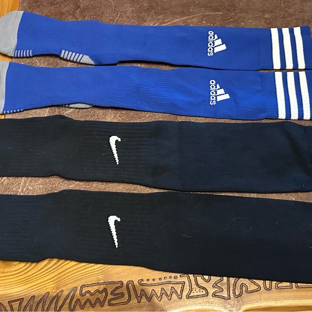 Adidas Blue tall soccer socks & Nike Black tall soccer socks, 2 pair